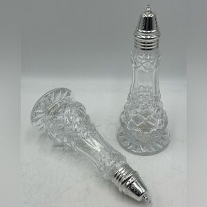 Crystal Clear 7” Salt & Pepper Shakers with Silver Tops in Diamond Cut Pattern